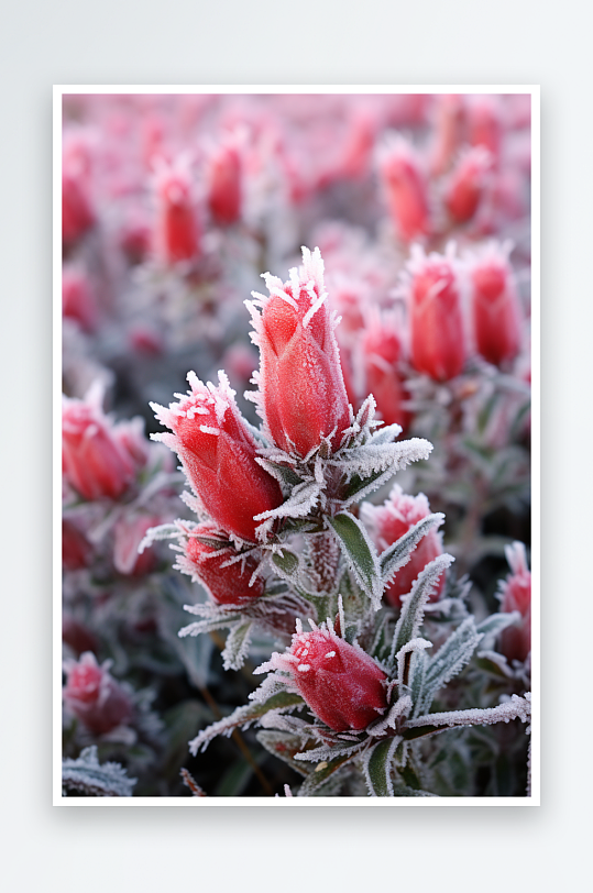 冬天雪中的花朵叶子素材图片