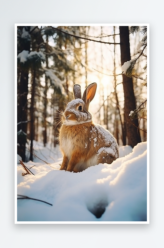 冬天雪地动物兔子小鸟树林树木素材图片