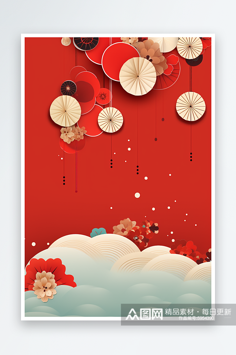 红色新年喜庆灯笼花朵龙年古风建筑背景素材素材