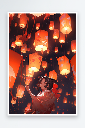 红色新年街头人物孔明灯素材图片背景