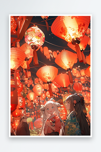 红色新年街头人物孔明灯素材图片背景