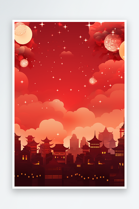 红色新年喜庆灯笼花朵龙年古风建筑背景素材
