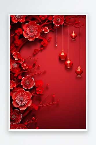红色新年喜庆灯笼花朵龙年烟花背景素材