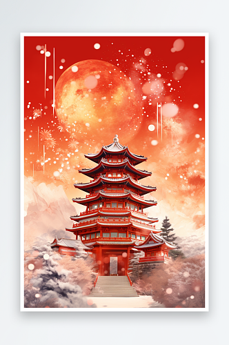 红色新年喜庆古风建筑烟花龙年背景素材