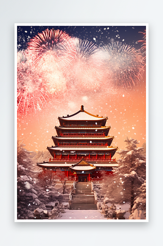 红色新年喜庆古风建筑烟花龙年背景素材