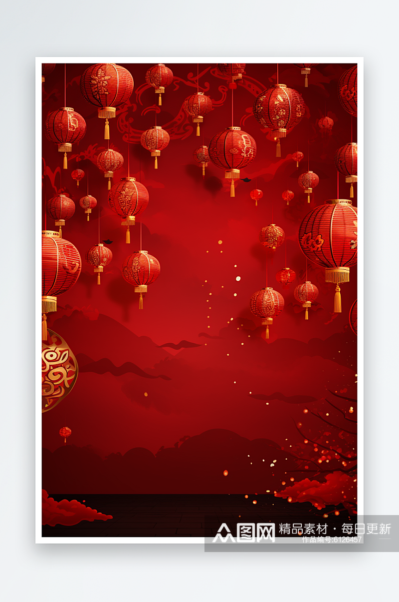 红色新年喜庆古风建筑烟花龙年背景素材素材