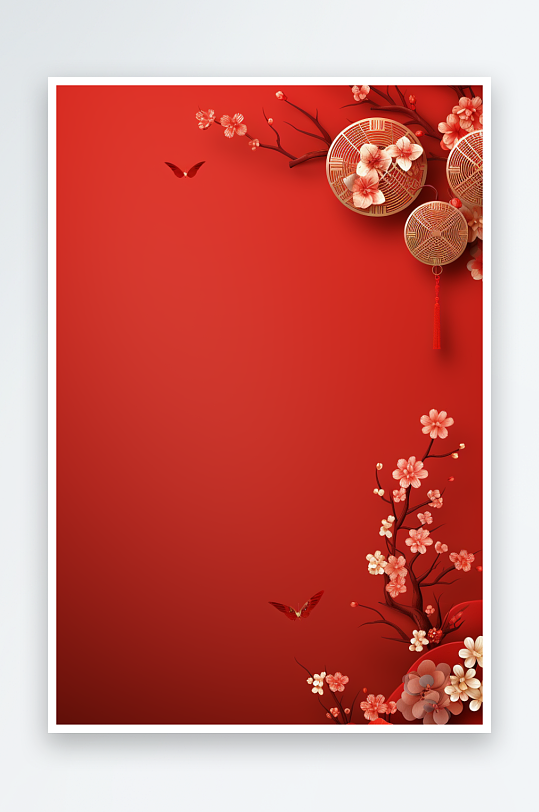 红色新年喜庆花朵灯笼中国风建筑背景