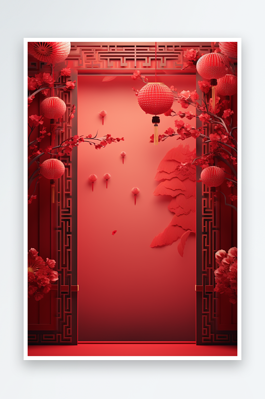 红色新年喜庆花朵灯笼中国风建筑背景
