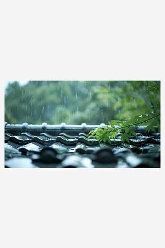AI数字艺术图春天下雨的屋檐素材图