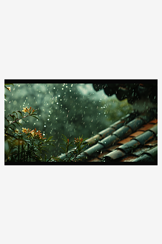 数字艺术图春天下雨的屋檐春天下雨天