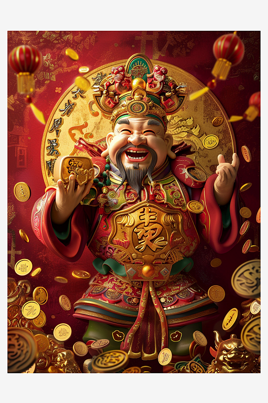简约喜庆古风人物财神爷素材图