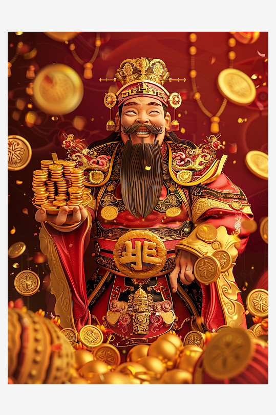 简约喜庆古风人物财神爷素材图