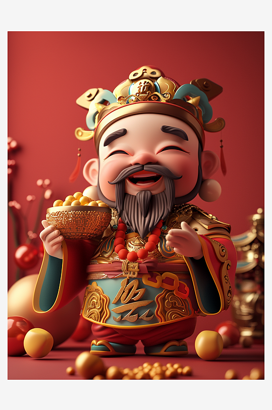 简约喜庆古风人物财神爷素材图