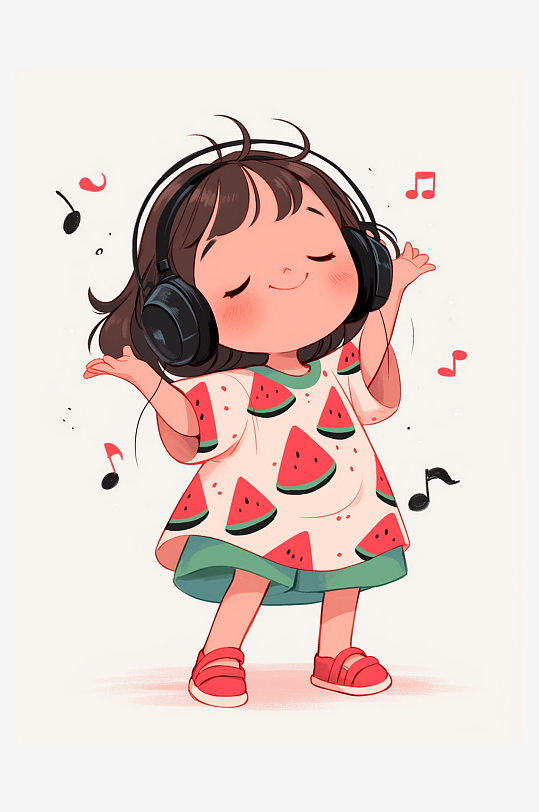 聽音樂的可愛卡通人物素材圖AI圖