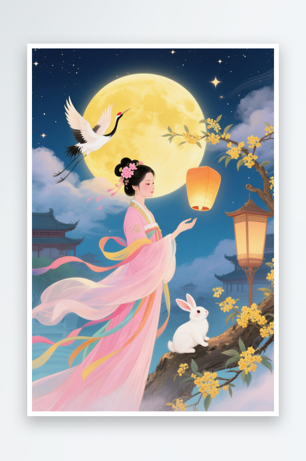 中秋节嫦娥兔子月亮孔明灯古风建筑背景素材