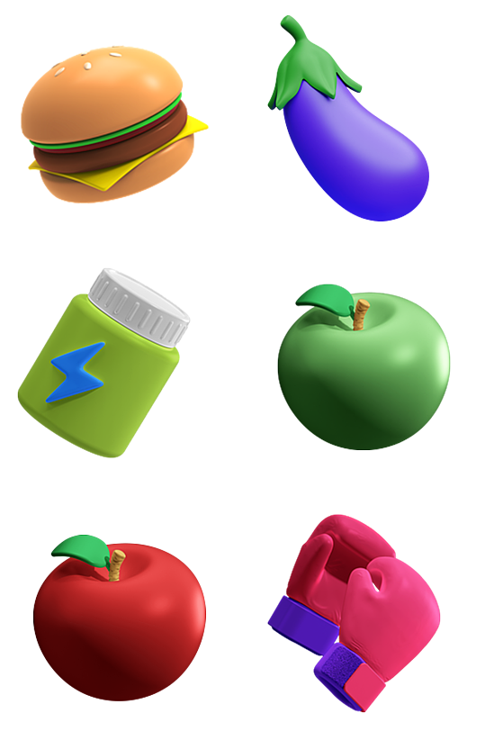 苹果茄子拳击手套汉堡3D卡通素材