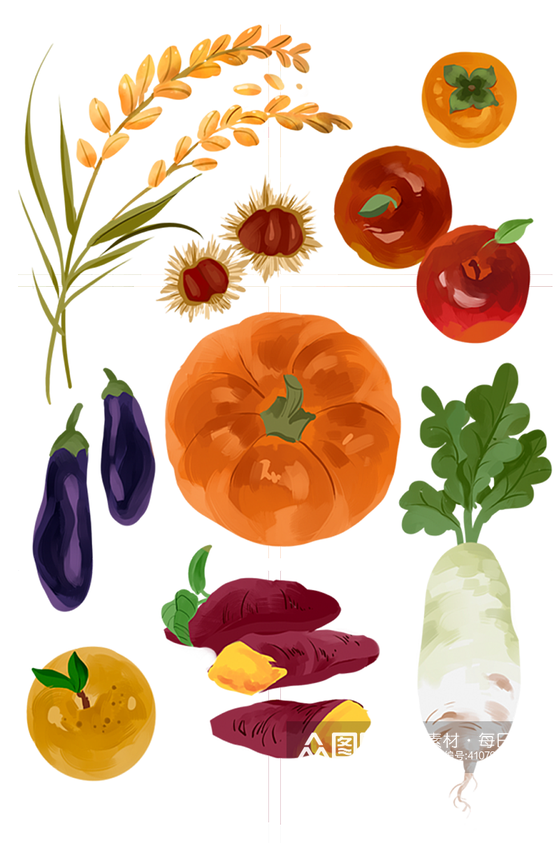 手绘油画南瓜茄子白萝卜蔬菜素材