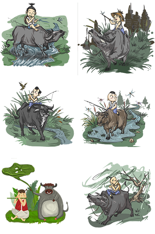 手绘放牛牧童插画素材-众图网