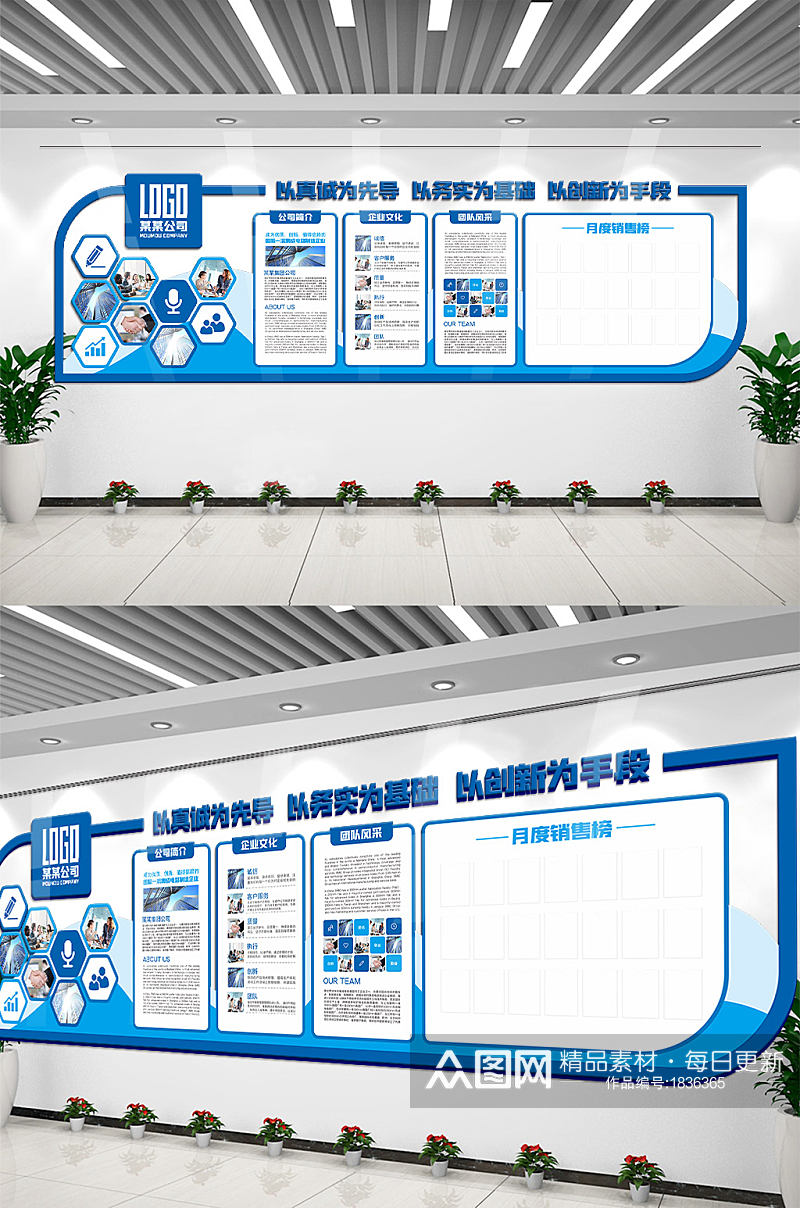 蓝色企业文化展板企业文化墙背景图片房地产素材