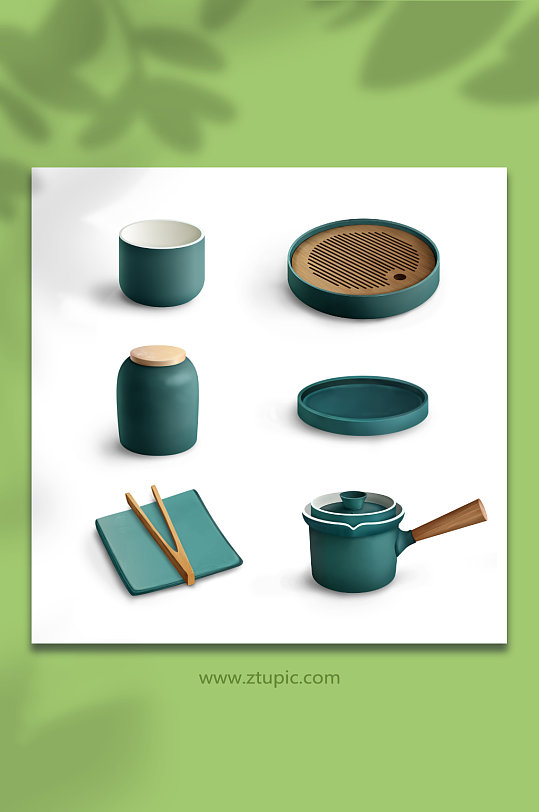 蓝绿国风套装茶具物品元素插画