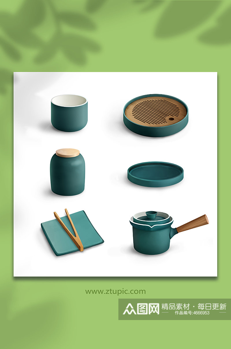 蓝绿国风套装茶具物品元素插画素材