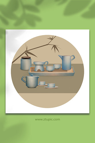 朴素国风套装茶具物品元素插画