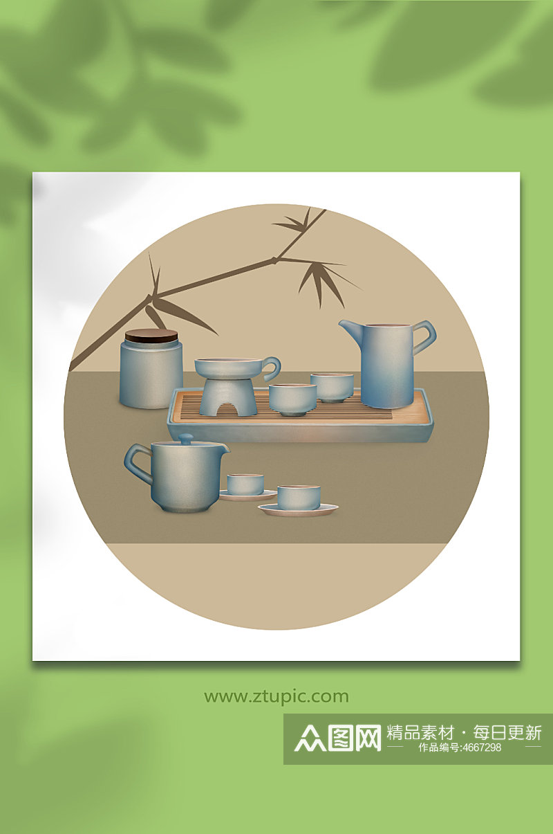 朴素国风套装茶具物品元素插画素材