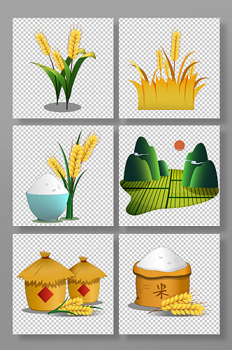 水稻米饭稻谷丰收麻袋大米包装元素插画