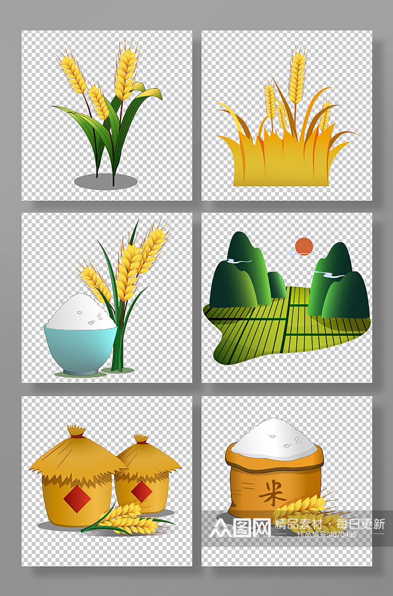 水稻米饭稻谷丰收麻袋大米包装元素插画素材