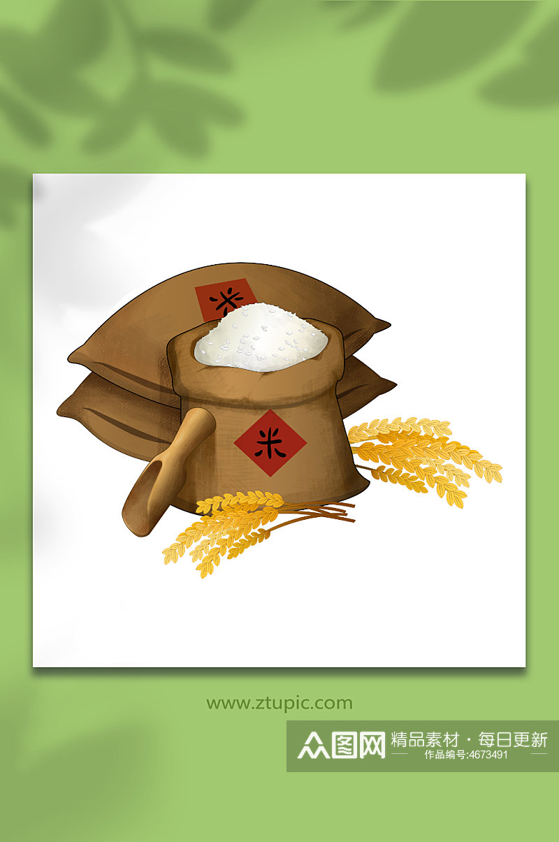 丰收水稻稻谷米粒木勺手绘大米包装元素插画素材