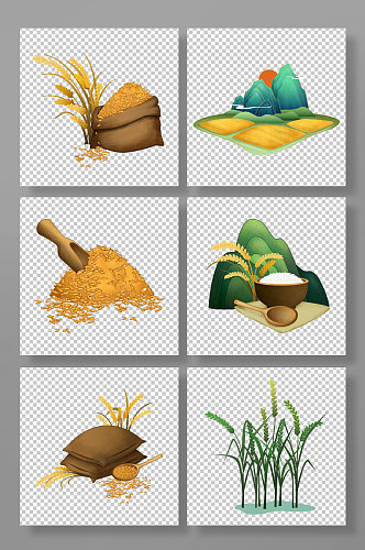 米袋谷粒谷堆木铲麻袋国潮大米包装元素