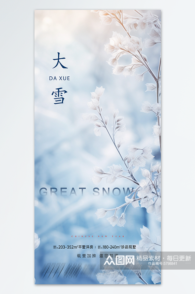 树枝冬季冬天雪花滑雪二十四节气大雪海报素材