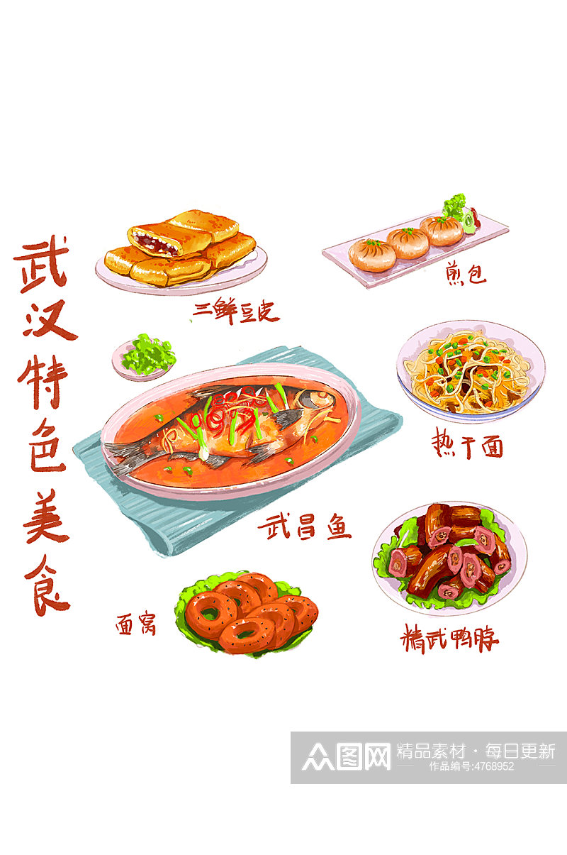 手绘卡通美味武汉特色美食元素插画素材