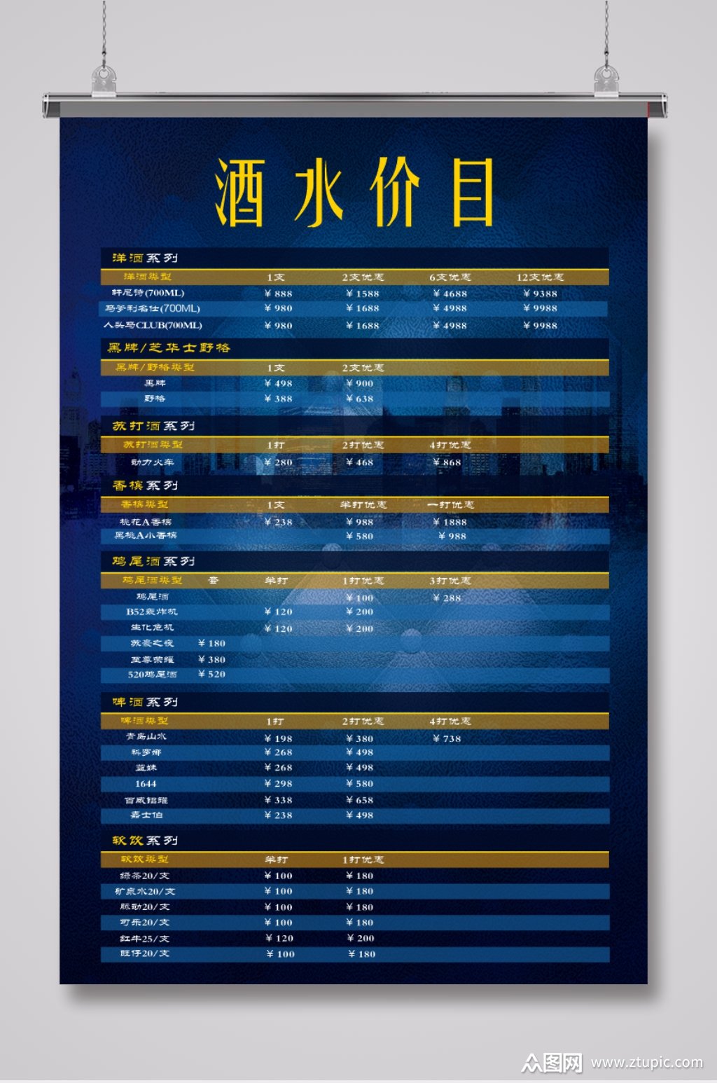 蓝色酒吧酒水价目表素材
