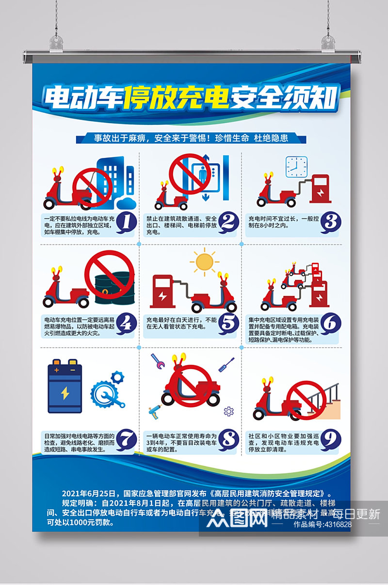 蓝色电动车停放充电安全加强消防安全防范素材