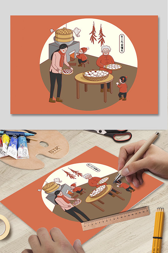 卡通春节传统习俗蒸馒头-众图网