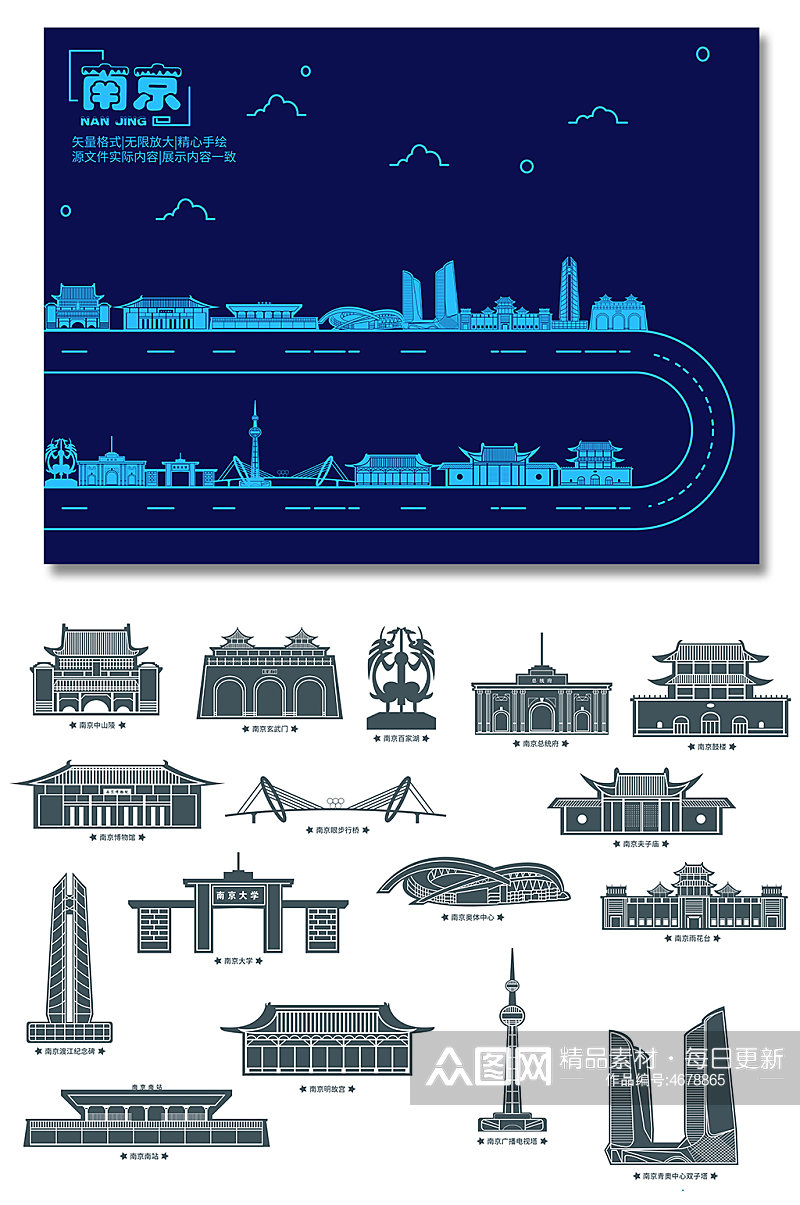 南京剪影城市地标素材