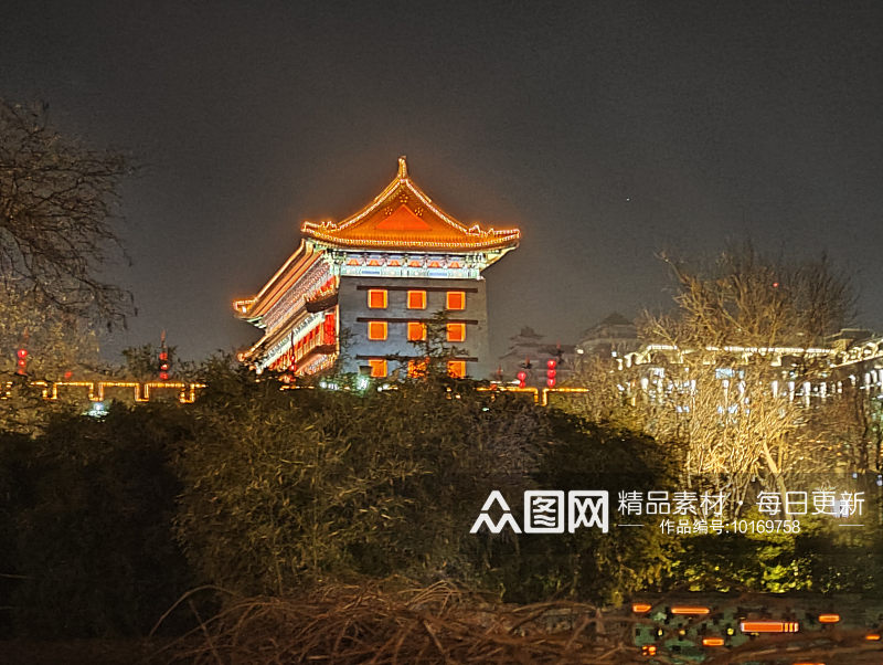西安唐城墙夜景风光素材