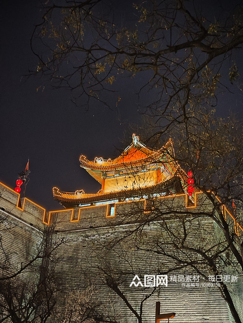 西安古城墙夜景风光素材