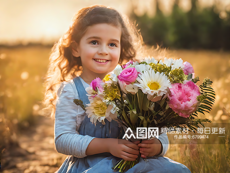 摄影风手捧鲜花的小女孩AI数字艺术素材