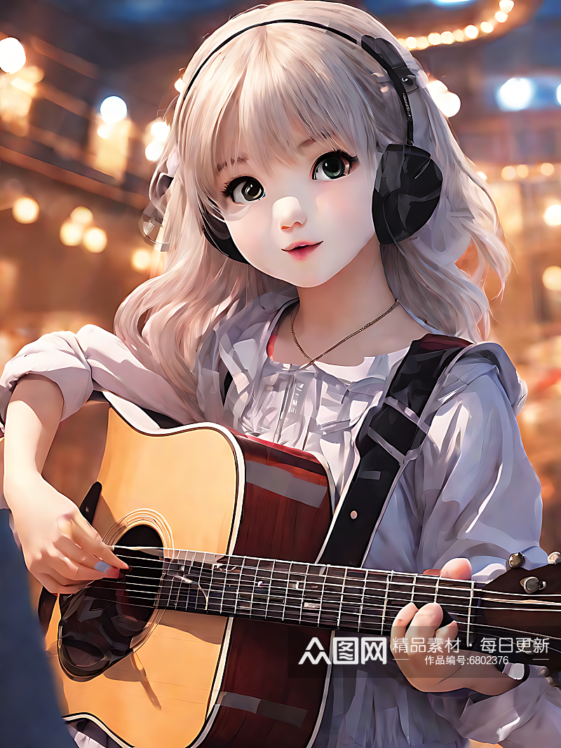 动漫风弹吉他的女孩AI数字艺术素材