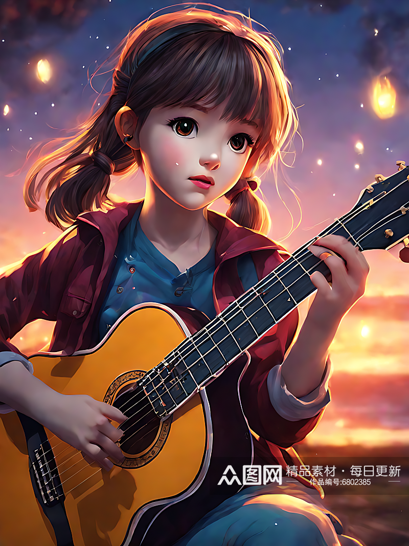 动漫风弹吉他的女孩AI数字艺术素材