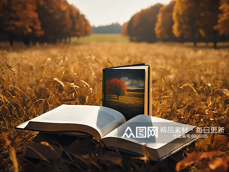 摄影风秋天草地上的书AI数字艺术素材