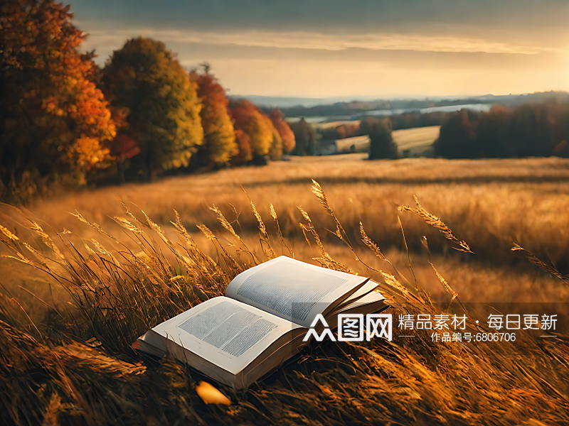 摄影风秋天草地上的书AI数字艺术素材