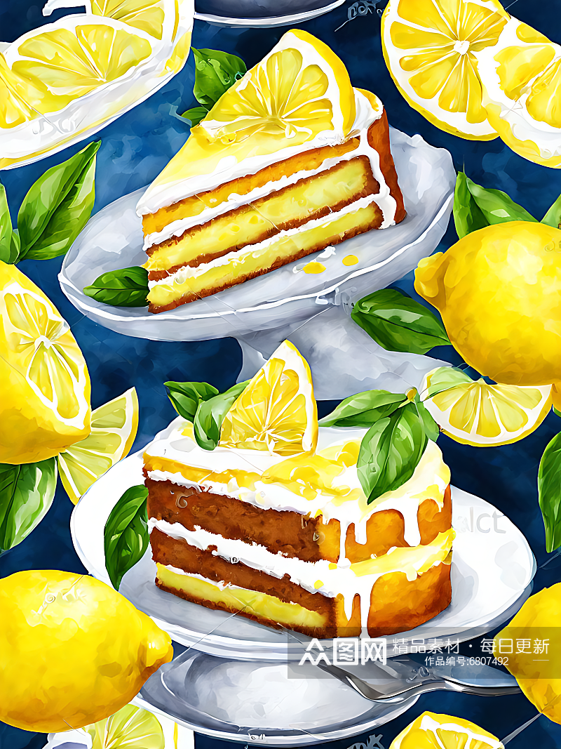 水彩手绘柠檬蛋糕AI数字艺术素材