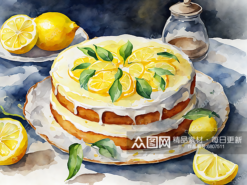 水彩手绘柠檬蛋糕AI数字艺术素材