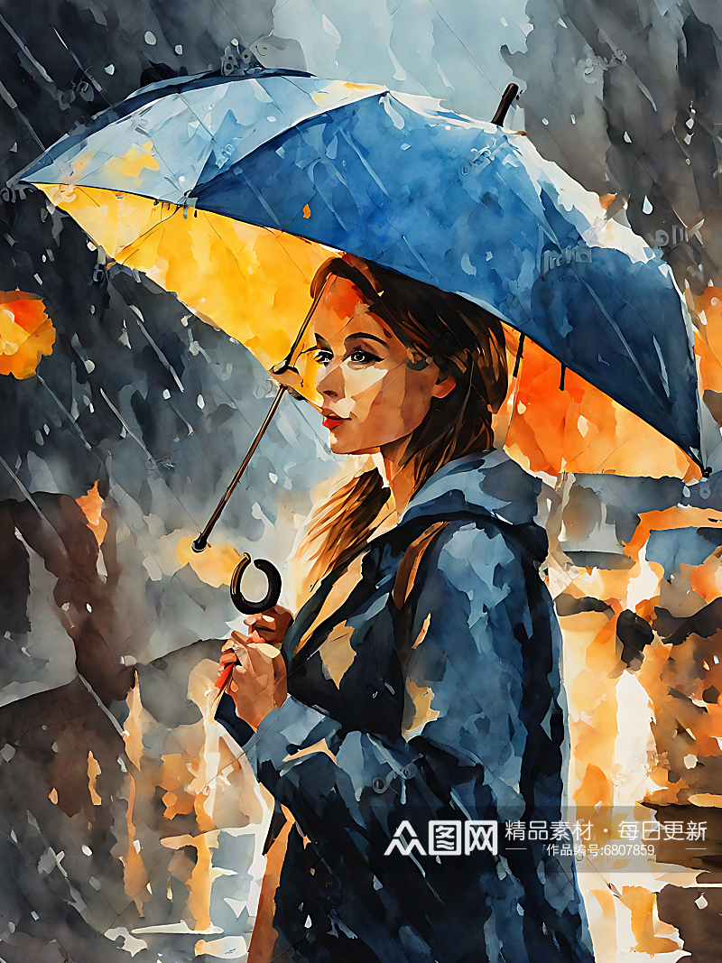 水彩手绘雨中打伞的女孩AI数字艺术素材