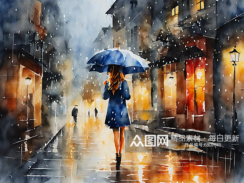 水彩手绘雨中打伞的女孩AI数字艺术素材