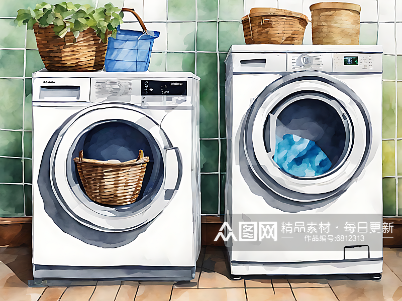 水彩手绘洗衣篮和洗衣机AI数字艺术素材