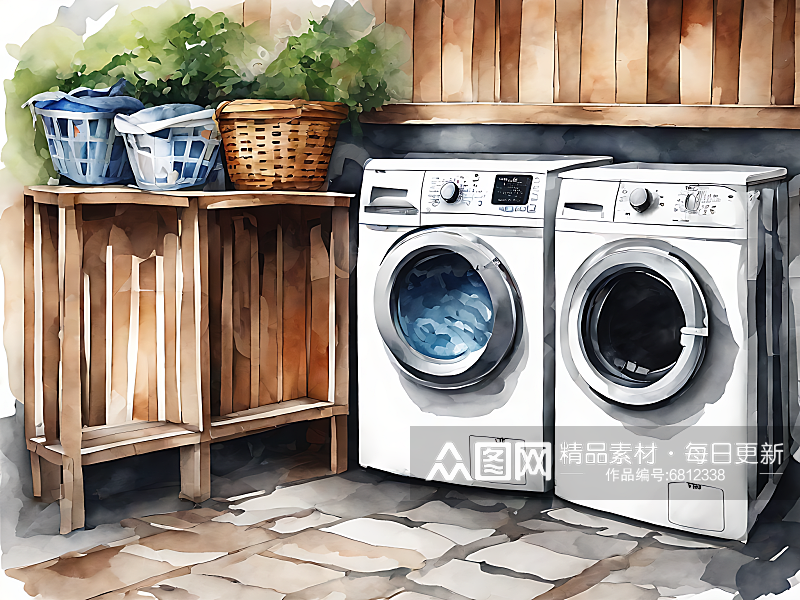 水彩手绘洗衣篮和洗衣机AI数字艺术素材